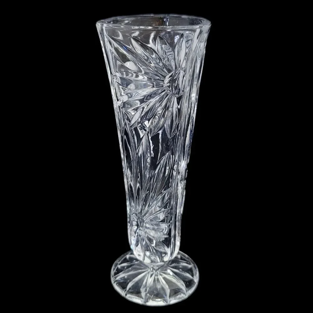 Genuine Lead Crystal Bud Vase Daisy Floral Clear Cut 3 Sided West Germany 6.5